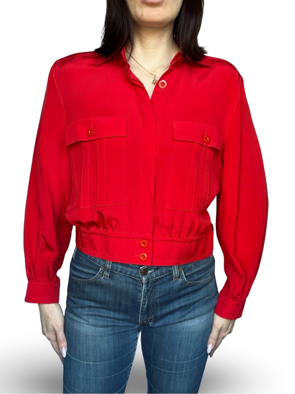 Vintage ESCADA 1980's Red Silk Equestrian Sportswear Safari Style Blouse
